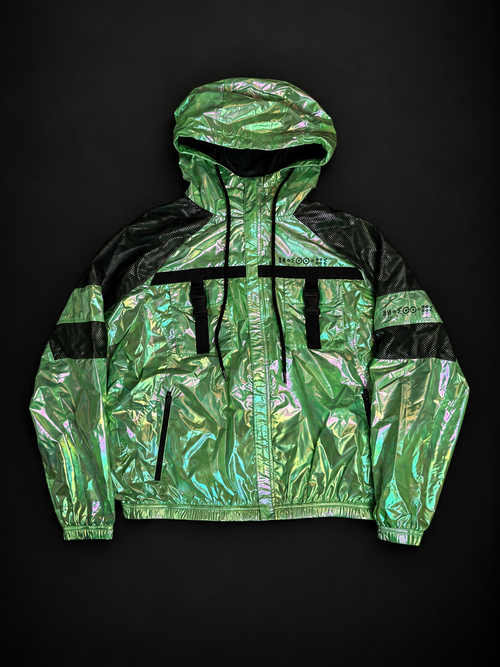 ELAISSAOUI PARA DIZA hooded iridescent green technical jacket, front view with black mesh panels and utility pockets.