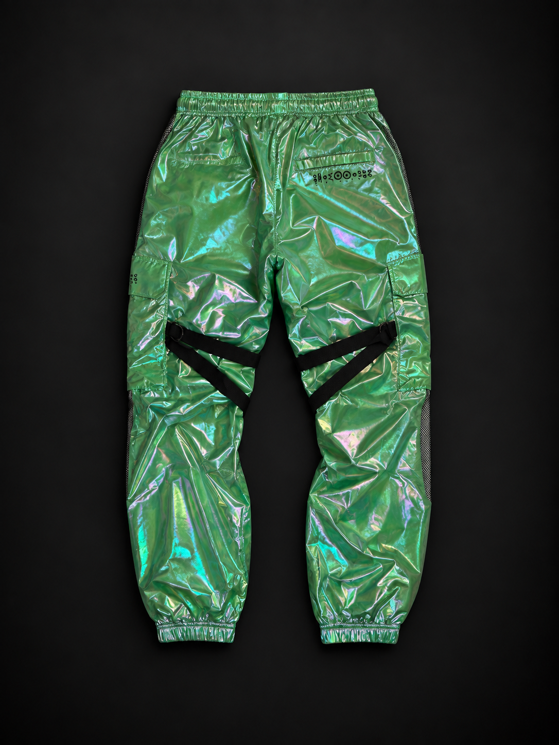 ELAISSAOUI PARA DIZA trousers, back view with rear pockets, black straps and gathered cuffs.