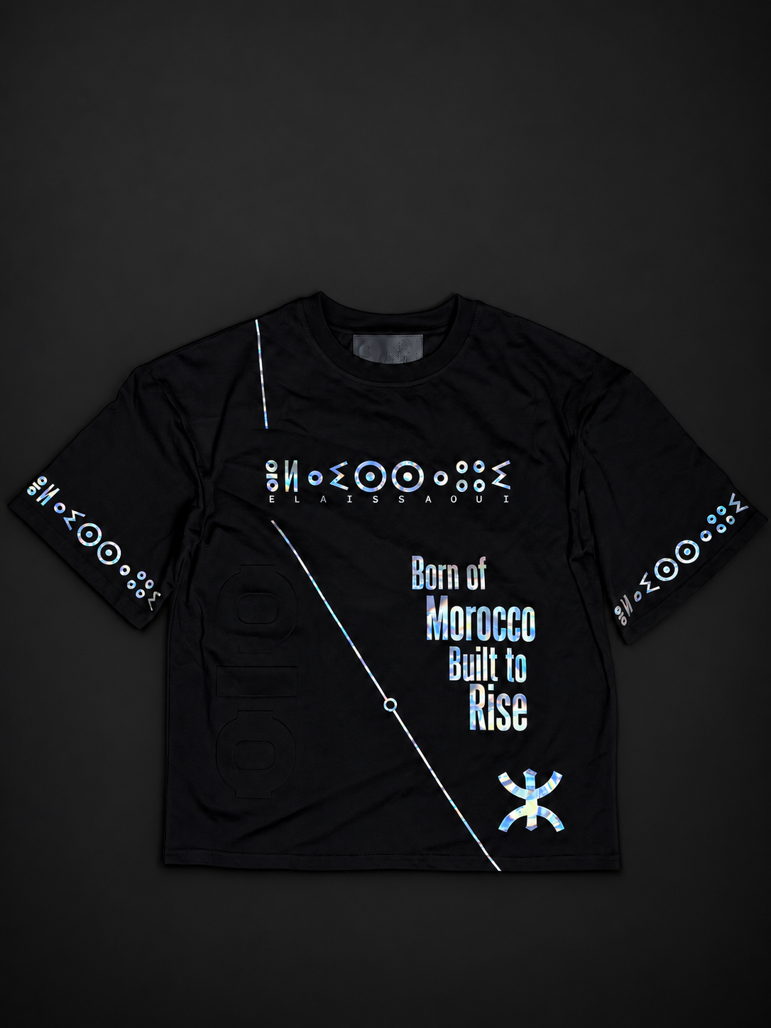 ELAISSAOUI WLAD AISSA black cotton T-shirt, full front view with iridescent House markings and lettering.