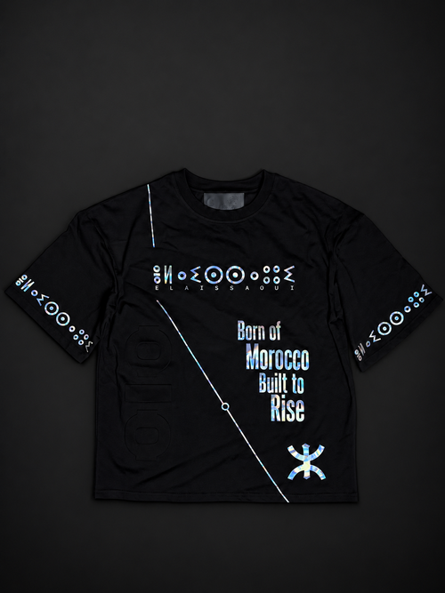 ELAISSAOUI WLAD AISSA black cotton T-shirt, full front view with iridescent House markings and lettering.